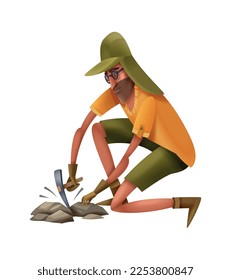 Composición arqueológica con carácter humano aislado de la ilustración vectorial del arqueólogo de trabajo