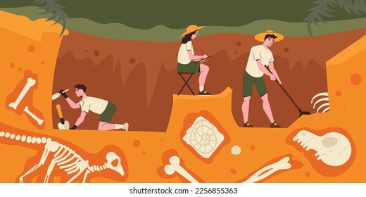 Archeology composition with profile view of ground with hole and people digging out bone remains findings vector illustration