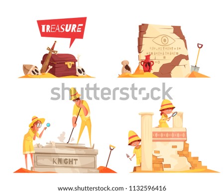 Archeology design concept with treasure, board with engraved hieroglyphs, tomb of knight, ancient architecture isolated vector illustration  