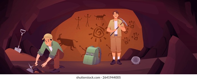 Archeology digging work in cave with rock paintings. Archaeologists men excavation with pick tool. Young male characters historic explorer, scientist or paleontologist. Vector flat illustration