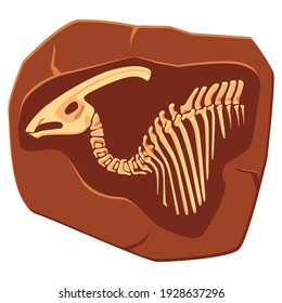 Archeology. Dinosaur Skeleton In Ground. Excavations Of Dinosaur Bones. Vector Illustration