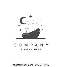 Archeology diving sport logo design. Sunken ancient ship, crescent moon and stars