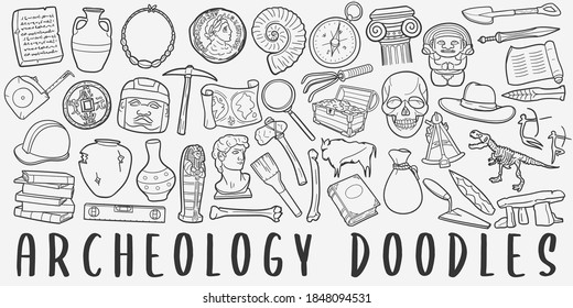 Archeology doodle icon set. Old Objects Vector illustration collection. Banner Hand drawn Line art style.