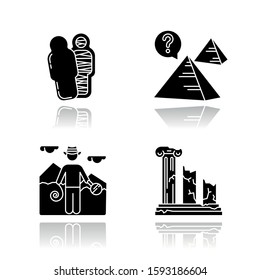 Archeology drop shadow black glyph icons set. Mummy in sarcophagus. Pyramids. Egyptian culture mysteries. Researcher. Column ruins. Broken pillars. History, culture. Isolated vector illustrations