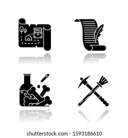 Archeology drop shadow black glyph icons set. Treasure map. Ancient manuscript. Laboratory research. Restoration equipment. Pickaxe and brush. Poetry, letter. Isolated vector illustrations