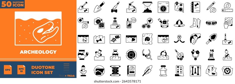 Archeology Duotone Editable Icons set. Vector illustration in modern thin duotone style of archeology icons: ancient scroll, fossil, megalith, etc