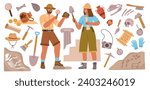 Archeology elements and people. man and woman archaeologists, scientists looking ancient artifacts, cultural, historical values, vector set.eps
