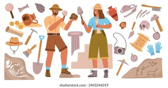 Archeology elements and people. man and woman archaeologists, scientists looking ancient artifacts, cultural, historical values, vector set.eps
