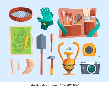 Archeology equipment. Adventure findings artifacts ancient items bones archeological brush magnifying glass antique stones and map garish vector cartoon set isolated