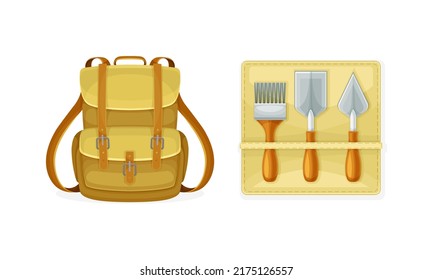 Archeology equipment set. Backpack and excavation tools vector illustration