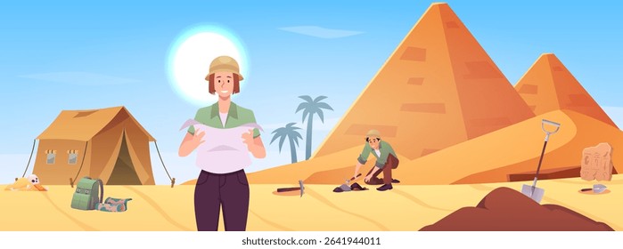Archeology excavation, archeologist at work in desert. Archaeology digging near ancient Egypt civilization, tent and equipment. Cartoon historic old artifacts. Vector flat illustration
