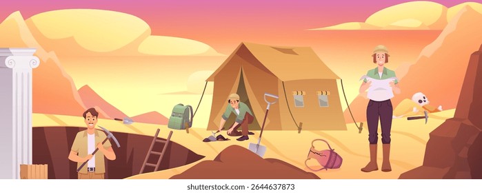 Escavação arqueológica, arqueólogo no trabalho no deserto. Arqueologia escavando perto da antiga arquitetura da civilização do Egito, colunas e tenda. Desenhos animados com antigos artefatos históricos. Ilustração em plano vetorial
