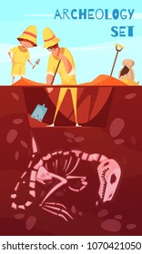 Archeology excavation background scientists with work tools during digs of dinosaur skeleton cartoon vector illustration