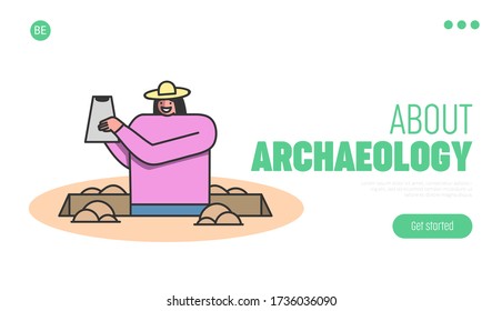 Archeology Excavation Concept. Website Landing Page. Archaeologist Woman Researching And Making Excavation Of Ancient Animals Remains. Web Page Cartoon Linear Outline Flat Style. Vector Illustration