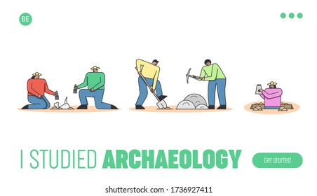 Archeology Excavation Concept. Website Landing Page. Group Of Archaeologists Making Excavation Of Ancient Remains in Antique Ruins. Web Page Cartoon Linear Outline Flat Style. Vector Illustration