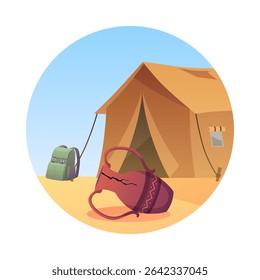 Archeology excavation in desert. Backpack, tent and ancient vase. Cartoon historic old artifacts. Vector flat illustration isolated in round frame