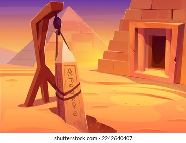 excavación arqueológica junto a la antigua pirámide en el desierto de Egipto. Paisaje africano con excavación, obelisco egipcio colgando de las cuerdas y entrada a la tumba del faraón, ilustración vectorial de caricatura