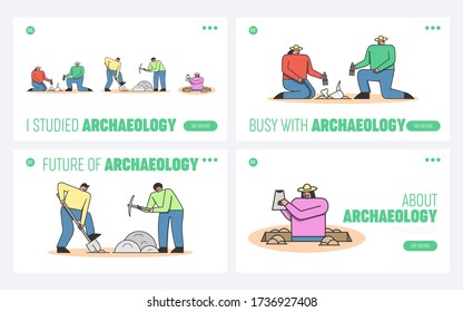 Archeology Excavation. Website Landing Page. Archaeologists Make Excavation Of Ancient Remains in Antique Ruins Use Professional Tools. Web Page Cartoon Linear Outline Flat Vector Illustrations Set