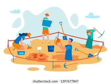 Archeology Excavations Flat Vector Concept with Scientist Digging in Field, Finding Ancient Culture Artifacts, Researching, Studying Antique Ceramic Dishes Illustration. University Students Practice