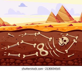 Archeology excavations human skeleton concept. Vector flat cartoon graphic design illustration