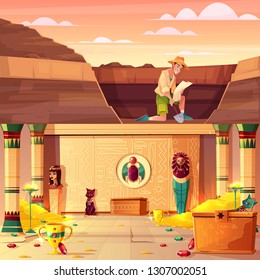 Archeology excavations, treasure hunting cartoon vector concept with archeologist or tomb rider watching on map, digging soil in desert with shovel, egypt pharaoh treasury underground illustration