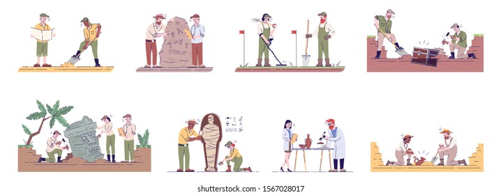 Archeology flat vector illustrations set. Archeological expedition excavations. Archeologists on field and laboratory studies isolated cartoon characters with outline elements on white background