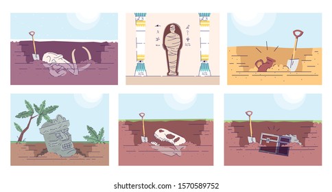 Archeology flat vector illustrations set. Paleontology and development of ancient civilizations. Animal fossil skull, old monument, clay jug, tomb, treasure chest. Archeological excavations.