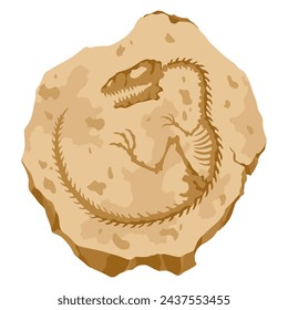 Archeology fossil stone with print of Jurassic dinosaur bones. Archeology reptile footprint, bone. Cartoon vector illustration