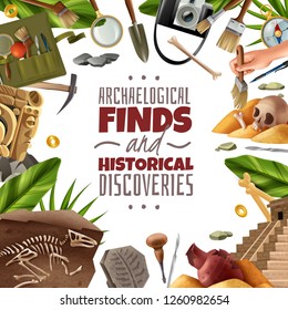 Archeology frame background with round composition of digging equipment artefacts and findings surrounding ornate editable text vector illustration