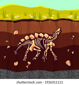 Archeology, Historic Artifacts Under Ground Illustration. Dinosaurs And Prehistoric Animals Bones, Fossil In Soil Layers Flat Vector Drawing. History, Paleontology Science, Archeological Excavation. 