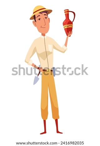 Archeology history, archaeologist explorer character. Pepople graphic element for mobile game. Isolated archaeology vector illustration 商業照片 © 