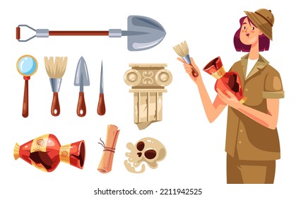 Archeology history archaeologist explorer isolated set. Vector graphic design illustration