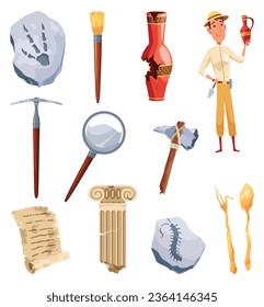 Archeology icon set. Ancient artifacts with images of digging tools and elements of antiquity. Archeology explorer, science equipment, ancient artifacts including fossils, amphora