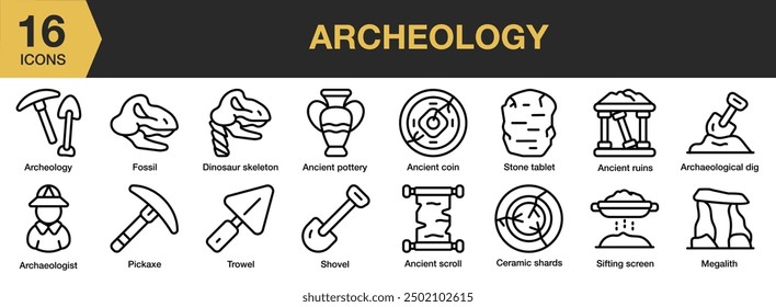 Archäologie-Symbolsatz. Umfasst alte Münze, alte Schriftrolle, Fossil, Megalith, Pickaxe und mehr. Gliederungssymbole, Vektorsammlung.