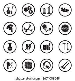 Iconos Arqueológicos. Diseño Plano Negro En Círculo. Ilustración vectorial.
