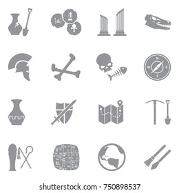 Archeology Icons. Gray Flat Design. Vector Illustration. 