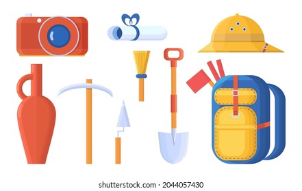 Juego de iconos de arqueología, herramientas de mochila, pinza y pincel de excavación, jugo y desplazamiento de artefactos, cámara