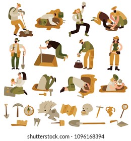 Archeology icons set with bones and equipment symbols flat isolated vector illustration