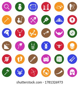 Archeology Icons. White Flat Design In Circle. Vector Illustration.