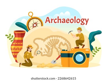 Archeology Illustration with Archaeological Excavation of ancient Ruins, Artifacts and Dinosaurs Fossil in Flat Cartoon Hand Drawn Templates