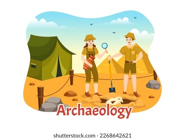 Archeology Illustration with Archaeological Excavation of ancient Ruins, Artifacts and Dinosaurs Fossil in Flat Cartoon Hand Drawn Templates