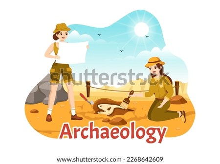 Archeology Illustration with Archaeological Excavation of ancient Ruins, Artifacts and Dinosaurs Fossil in Flat Cartoon Hand Drawn Templates