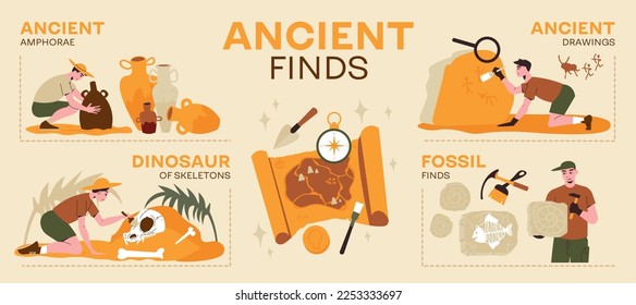 Archeology infographics with editable text and isolated compositions of dinosaur remains fossils discovered by human characters vector illustration