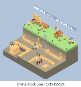 Archeology isometric composition with ancient remains and expedition symbols vector illustration