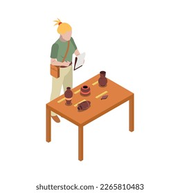 Composición isométrica arqueológica con carácter humano del arqueólogo en la ilustración del vector de trabajo