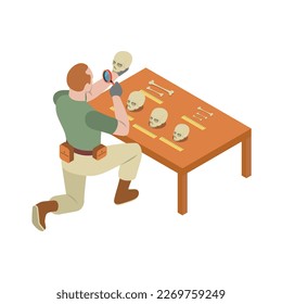 Archeology isometric composition with human character of archeologist at work vector illustration