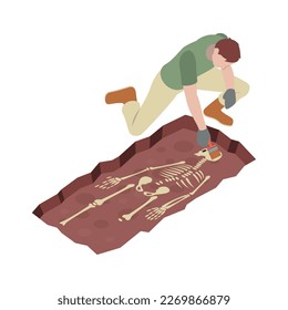 Archeology isometric composition with human character of archeologist at work vector illustration