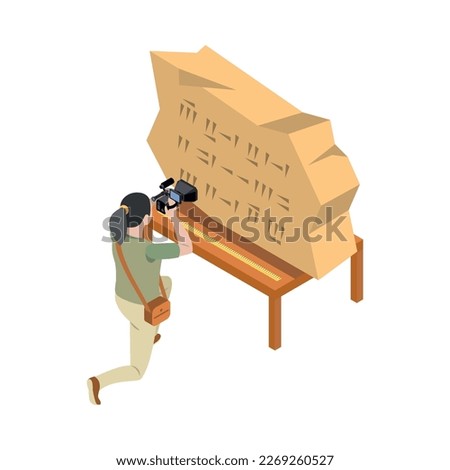 Archeology isometric composition with human character of archeologist at work vector illustration