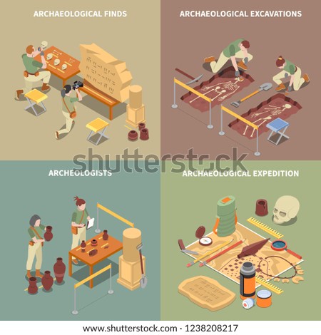 Archeology isometric concept icons set with excavations and finds symbols isolated vector illustration