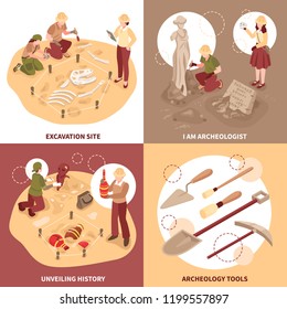 Archeology isometric design concept scientists with tools at excavation site and historical discoveries isolated vector illustration 
